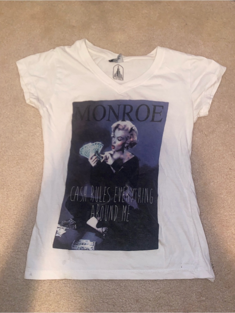White Graphic V-Neck Women's Tee - Monroe Print